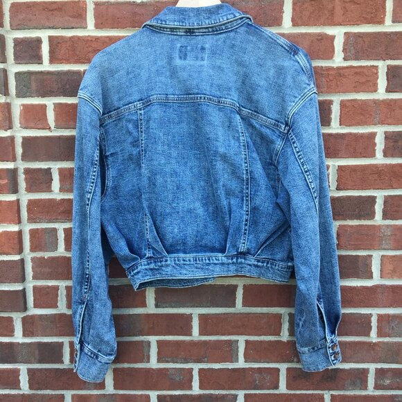 Frayed Jeans Cropped Denim Jacket Large Pleated Distressing Grunge Stone Wash - Picture 2 of 11